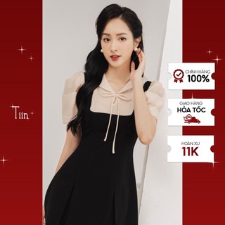 Váy yếm phối cổ nơ tay xếp kiểu sang trọng chính hãng TIINSTORE VHN768