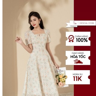 Váy đầm hoa nhí cổ vuông thắt nơ dáng xoè nhẹ nhàng bồng bềnh Tiin Store - VHN842