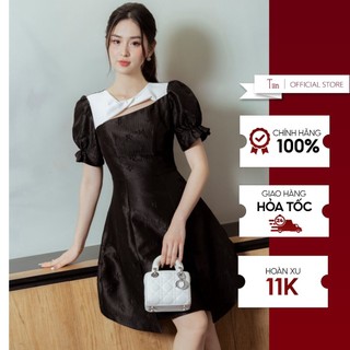 Đầm công sở nữ đen phối trắng Váy cổ xoắn tay chun bèo, đứng form tôn dáng, hàng thiết kế TIINSTORE  VHN759