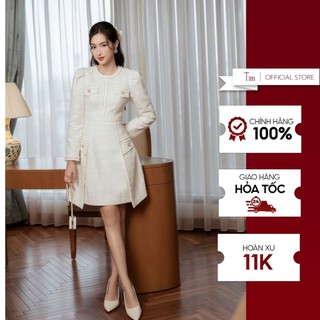 Váy dạ cổ tròn nắp túi tà lệch  TIINSTORE  VDD698