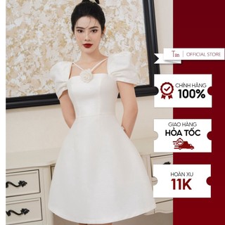 Váy cổ vuông đính hoa dây chéo tay bồng TIINSTORE VHN813