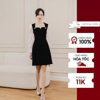 Váy cổ vuông xẻ V tay phối chun  TIINSTORE VDD735