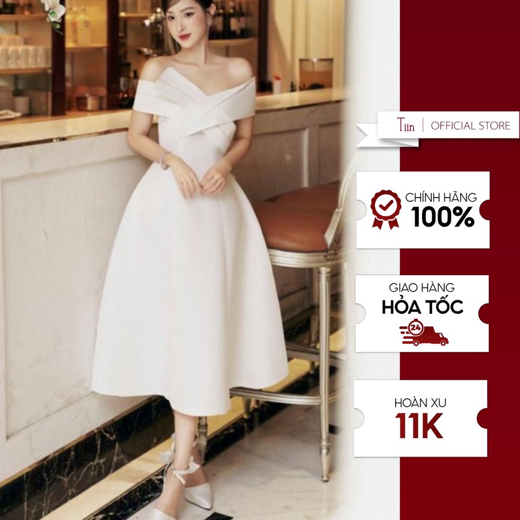 Váy trễ vai vạt chéo kiểu nơ ngực TIINSTORE VHN964
