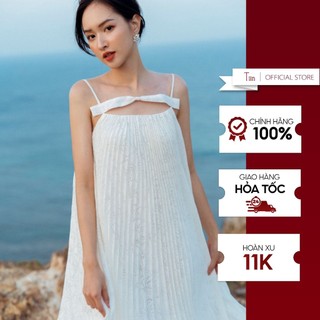 Váy maxi 2 dây đính nơ dập ly xoè chất liệu mềm mại TIINSTORE V0D803