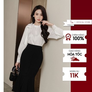 Áo sơ mi cổ tàu công sở thắt nơ vai chất lụa thái nhẹ mát Tiin Store - AHD773