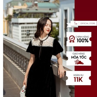 Váy nhung phối ren cổ bèo   TIINSTORE  VDN664 TIINSTORE