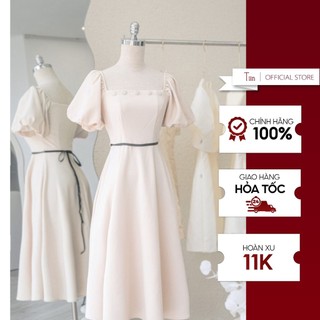 Váy cổ vuông đính khuy dây đai eo TIINSTORE VHN820