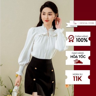 Áo sơ mi chun vai bèo cổ nơ tiinstore ahd486