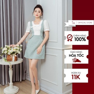 Váy phối màu cổ vuông cúp đính nơ tiinstore vhn758