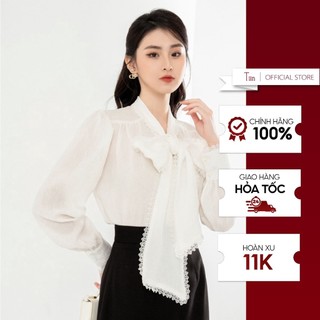 Áo sơ mi cổ nơ phối ren tay măng sec tiinstore ahd602