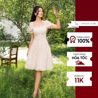 Váy cổ vuông eo chiết ly tiinstore v0t609