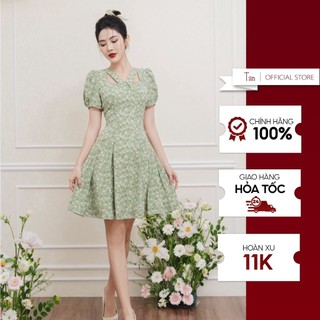 Váy hoa nhí cổ V cách điệu, Đầm xoè tôn dáng tay bồng chất liệu tằm hàn không nhăn nhàu cao cấp TIINSTORE  VHN786