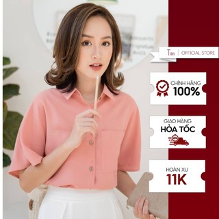 Áo sơ mi nữ cộc tay cổ đức cánh dơi túi ngực, áo sơ mi dáng xuông basic dễ phối đồ tiinstore ahn102