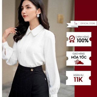 Áo sơ mi nữ cổ sen trần nếp dọc tay măng sec 2 khuy TIINSTORE   AHD413