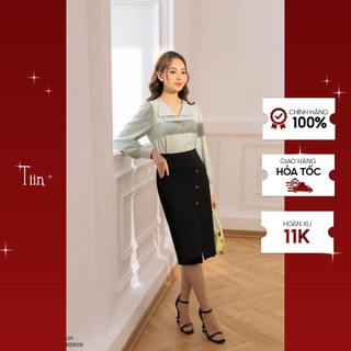 Chân váy bút chì vạt chéo xẻ đính khuy tiinstore chd058