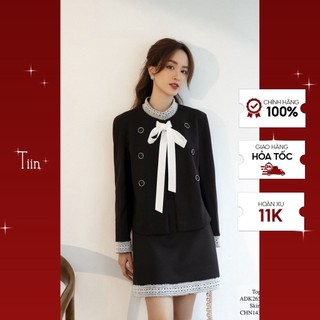 Áo dạ cổ tàu phối ren đính nơ trắng tay ren tiinstore adk265