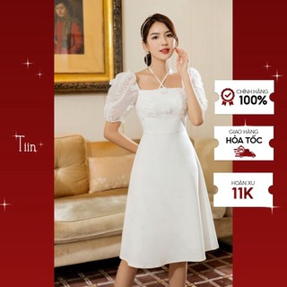 Váy cổ vuông phối tơ hoa dây nơ tiinstore vhn666