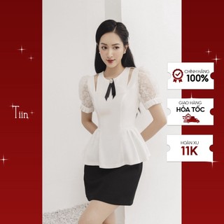 Áo peplum cổ nơ cut out phối tay áo công sở dáng peplum sang trọng thanh lịch Tiin Store - AHN714