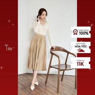 Chân váy midi xếp ly da lộn cạp chun nhăn TIIN STORE G21059