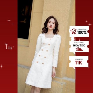 Váy dạ tweed cổ vuông tay dài vai xếp ly 2 hàng khuy TIINSTORE VDD481