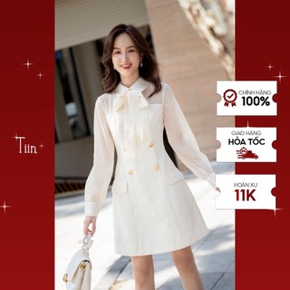 Váy dạ tweed phối tay voan cổ nơ rời nắp túi TIINSTORE V0T484