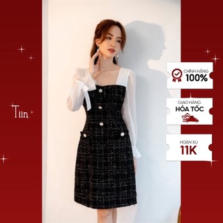 Váy dạ tweed đen cổ vuông phối tay voan túi 2 bên tiinstore v0t485