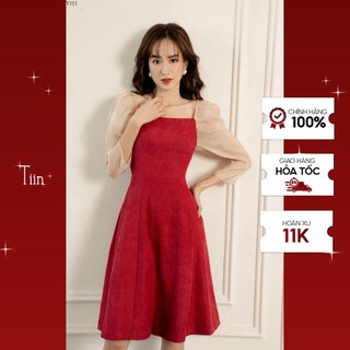 Váy nhung đỏ cổ vuông phối tay voan be TIIN STORE V0T353