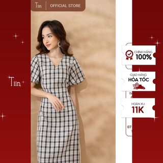 Váy caro đen cổ V tay bồng nơ sau TIIN STORE V0T450