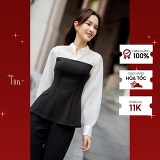 TIIN STORE Áo sơ mi cổ tàu tay măng sec phối tơ kính by Tiin