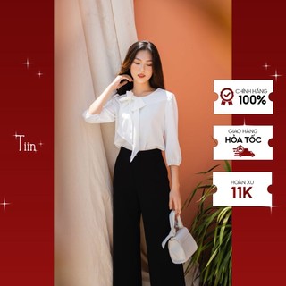 Áo cổ tròn đính nơ lệch tay lửng bo viền TIIN STORE AHD386