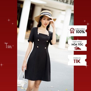 Tiin store váy chữ a cổ vuông khuy ngực by tiin