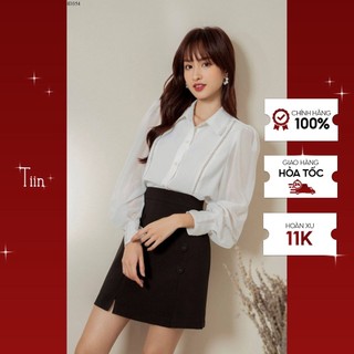 Tiin store áo sơ mi cổ đức thân phối ren lỗ dọc tay ly by tiin