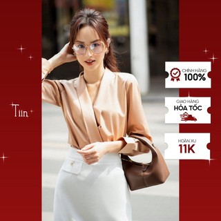 TIIN STORE Áo sơ mi cổ V chéo nẹp lật tay măng sec by Tiin