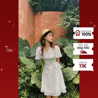 Váy cổ v đai eo nơ tiinstore v0t554
