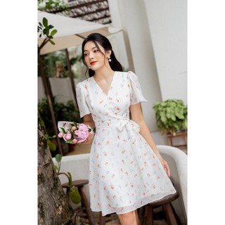 Váy cổ V đai eo nơ TIINSTORE V0T554