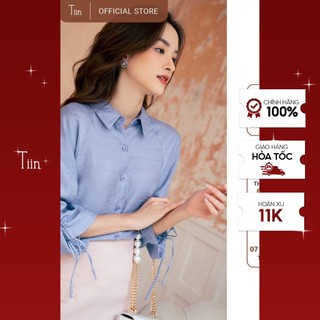 Áo sơ mi cổ đức tay raglan rút nhún thắt nơ TIIN STORE AHD389