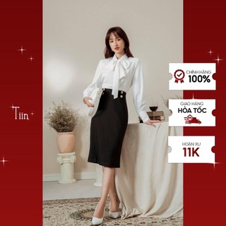 TIIN STORE Áo sơ mi thắt nơ cổ thân trần ngang tay măng sec by Tiin
