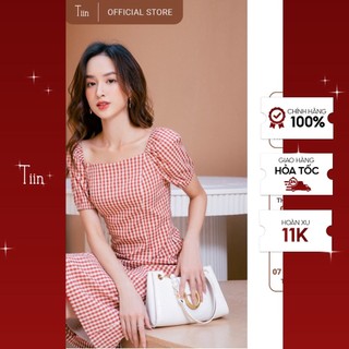 Váy caro đỏ cổ vuông dáng A TIIN STORE tôn dáng V0T300