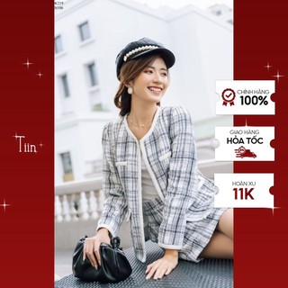 TIIN STORE Áo khoác dạ tweed cổ tròn túi nắp trần dây by Tiin