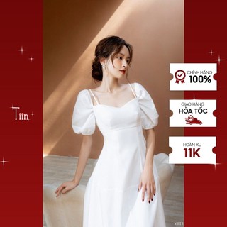 Váy trắng vai chun phối 2 dây TIIN STORE V0T372