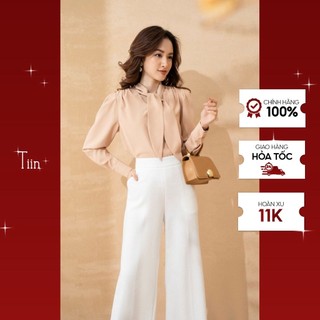 Áo sơ mi cổ thắt nơ vai nhún tay măng sec by Tiin TIINSTORE AHD363