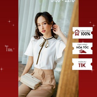 Áo sơ mi cổ trụ viền dây nhung thắt nơ tay lượn TIIN STORE AHN306
