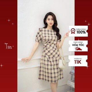 Váy thô đũi kẻ ô xoắn eo cổ tròn tay phồng TIIN STORE V0T267