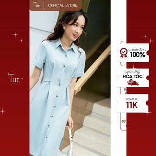 Váy công sở cổ đức dáng suông cài khuy nơ sau TIIN STORE V0T475