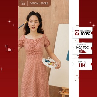 Váy caro đỏ cổ vuông TIIN STORE chất thô mềm V0T185
