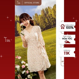 Váy kem hoa nhí vạt chéo thắt nơ eo TIIN STORE V0T211