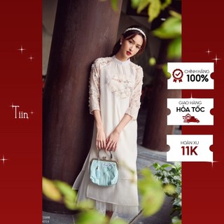 TIIN STORE Áo dài cổ tàu tay ngực phối tơ dệt hoa by Tiin (không kèm quần)