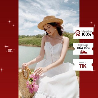 Tiin store váy 2 dây trắng viền ren nơ ngực by tiin