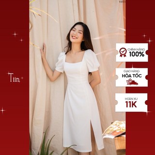 Váy trắng cổ vuông tay bồng xẻ vạt TIIN STORE V0T330