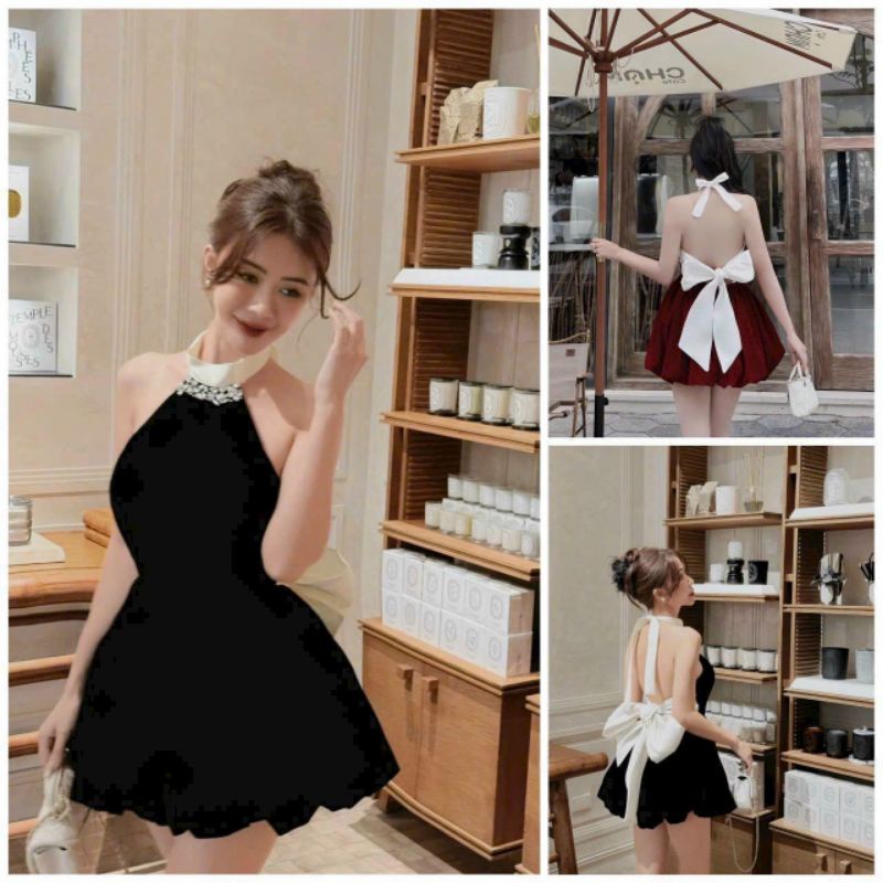 ĐẦM NHUNG CỔ YẾM NƠ LƯNG ( được kiểm tra hàng)